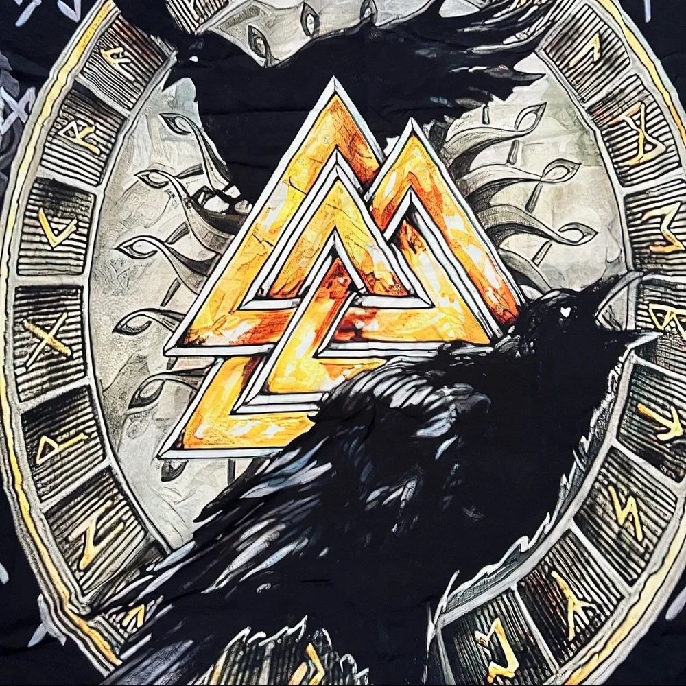 Black and Gold Crow Nordic Ruins Norse Mythology Tapestry